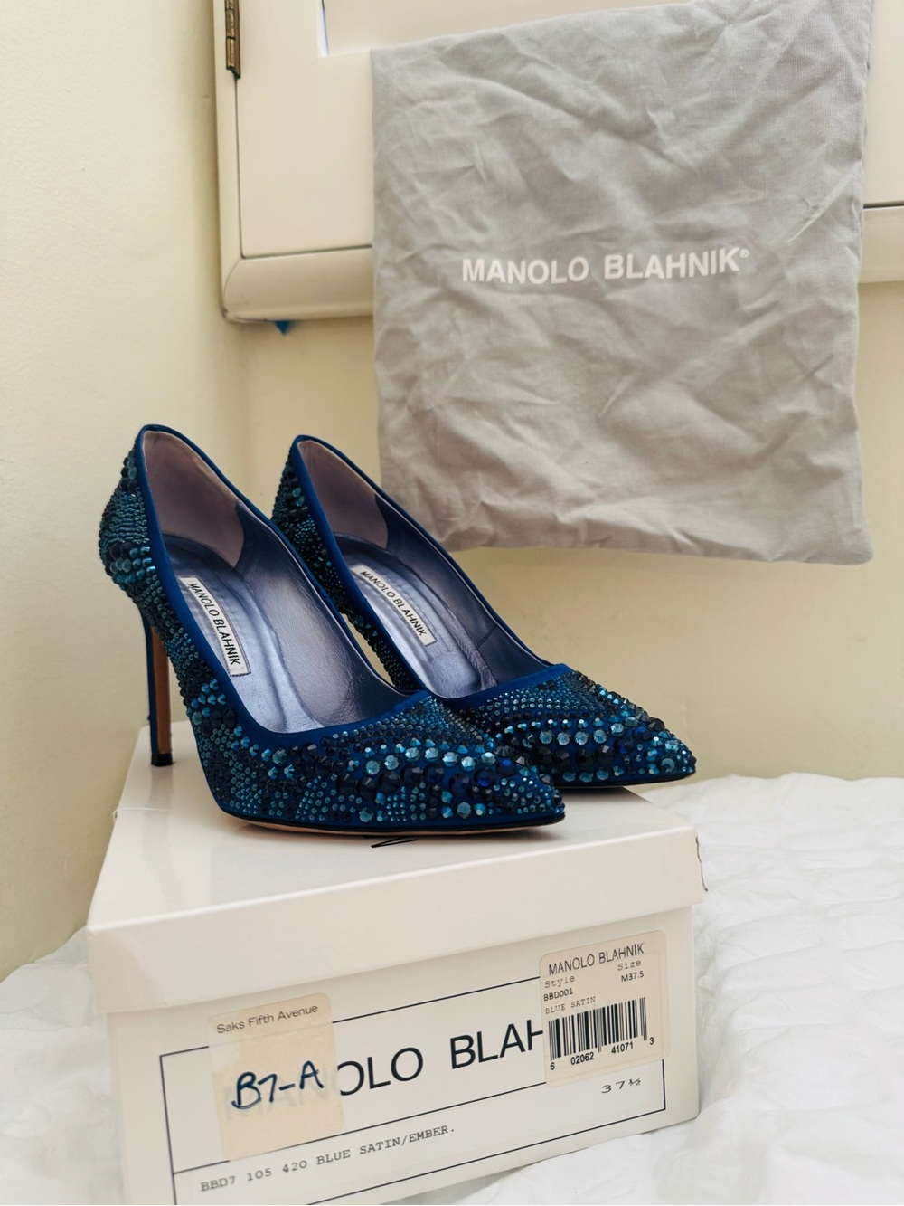 Manolo Blahnik Blue Satin/Ember Crystal Embellished Pointed Toe Pumps